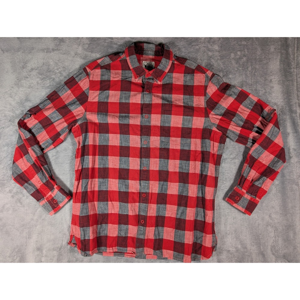 Woolrich Mens Red Gray Buffalo Plaid Cotton Roll Tab Button Down Shirt Large